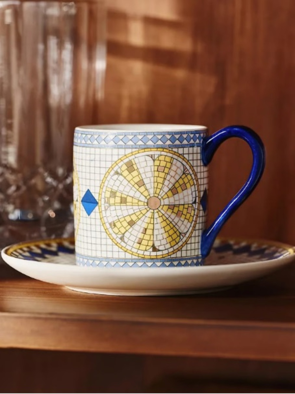 Porcelain Espresso Cup with Blue Handle and Yellow Mosaic Motif